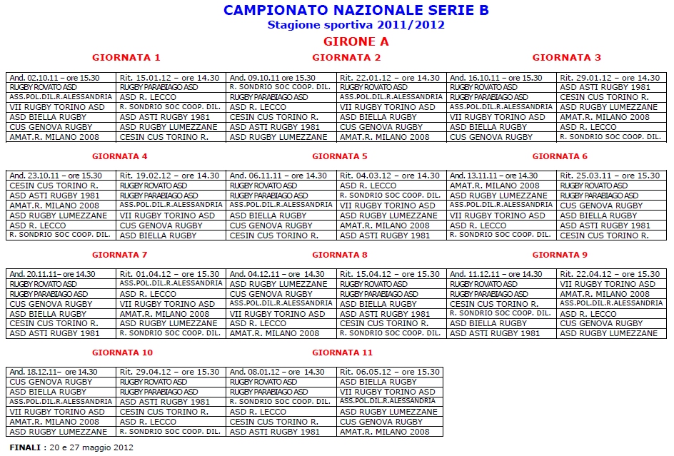 Calendario Rugby Lecco 2011