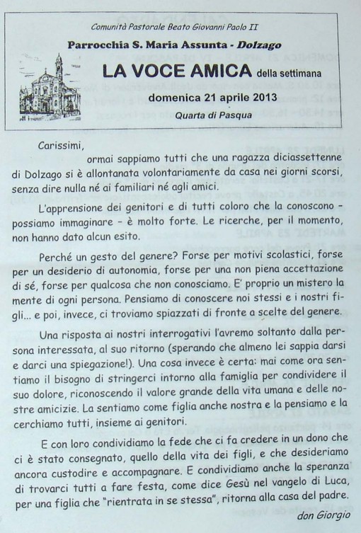 lettera don Giorgio, 17enne scomparsa