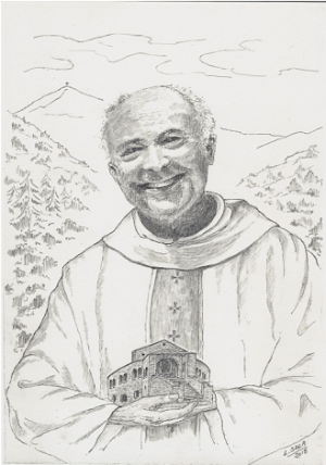 Don Vincenzo Gatti tiene tra le mani la basilica di San Pietro al monte, nell'omaggio che l'associazione ha pubblicato sul sito internet dedicato al complesso monumentale