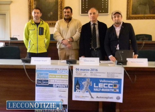 Giuseppe Vergani, Stefano Gheza, Renzo Straniero e Riccardo Ghislanzoni presentano Duathlon e maratonina "Lecco Città"